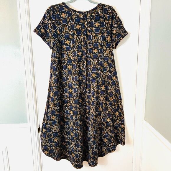 LuLaRoe S Carly Swing Dress Navy & Gold Geometric Print with Breast Pocket - Picture 5 of 10